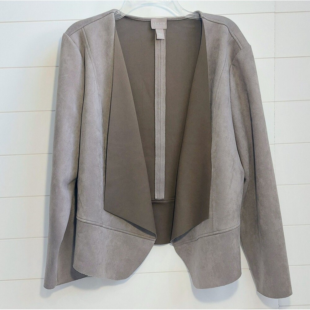 Chicos Faux Suede Drape Stretch Open Jacket Women's Size 3 Business Sporty Biker